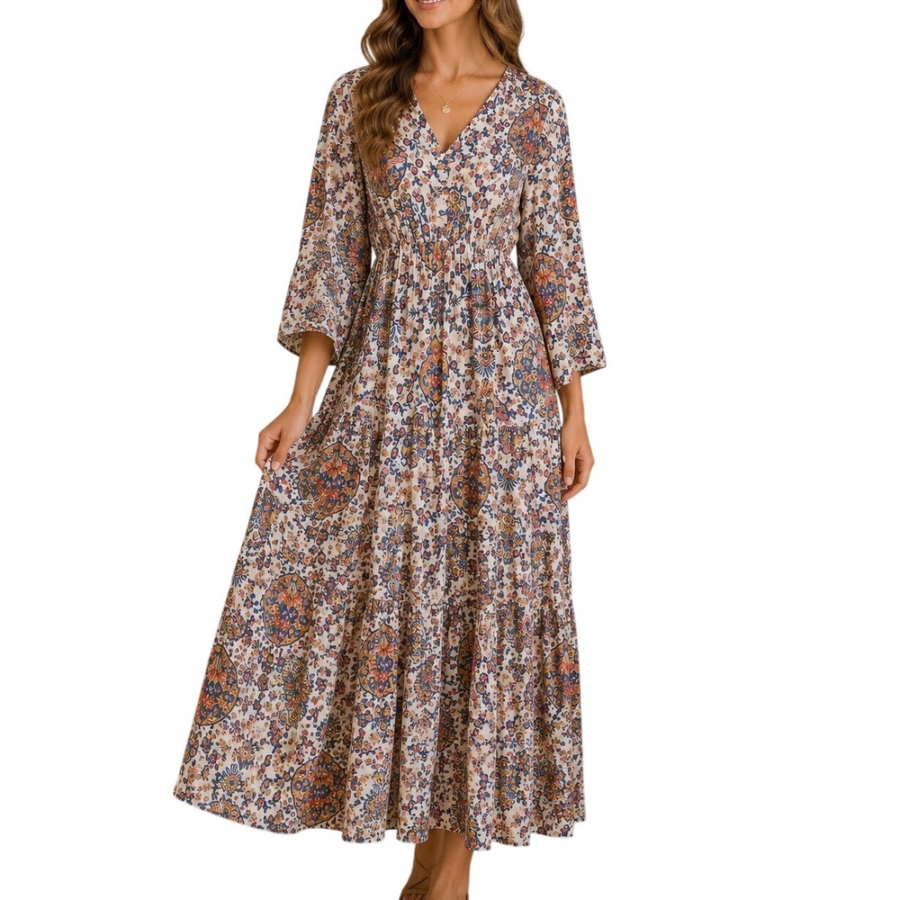 BOEMO Anthropologie Maxi Dress Bohemian Cottagecore Floral Paisley Size Large - Picture 1 of 12